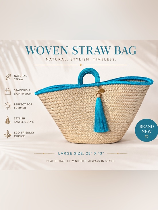 120% Lino Handbags - Woven Straw Tote Bag with Turquoise Trim and Tassel